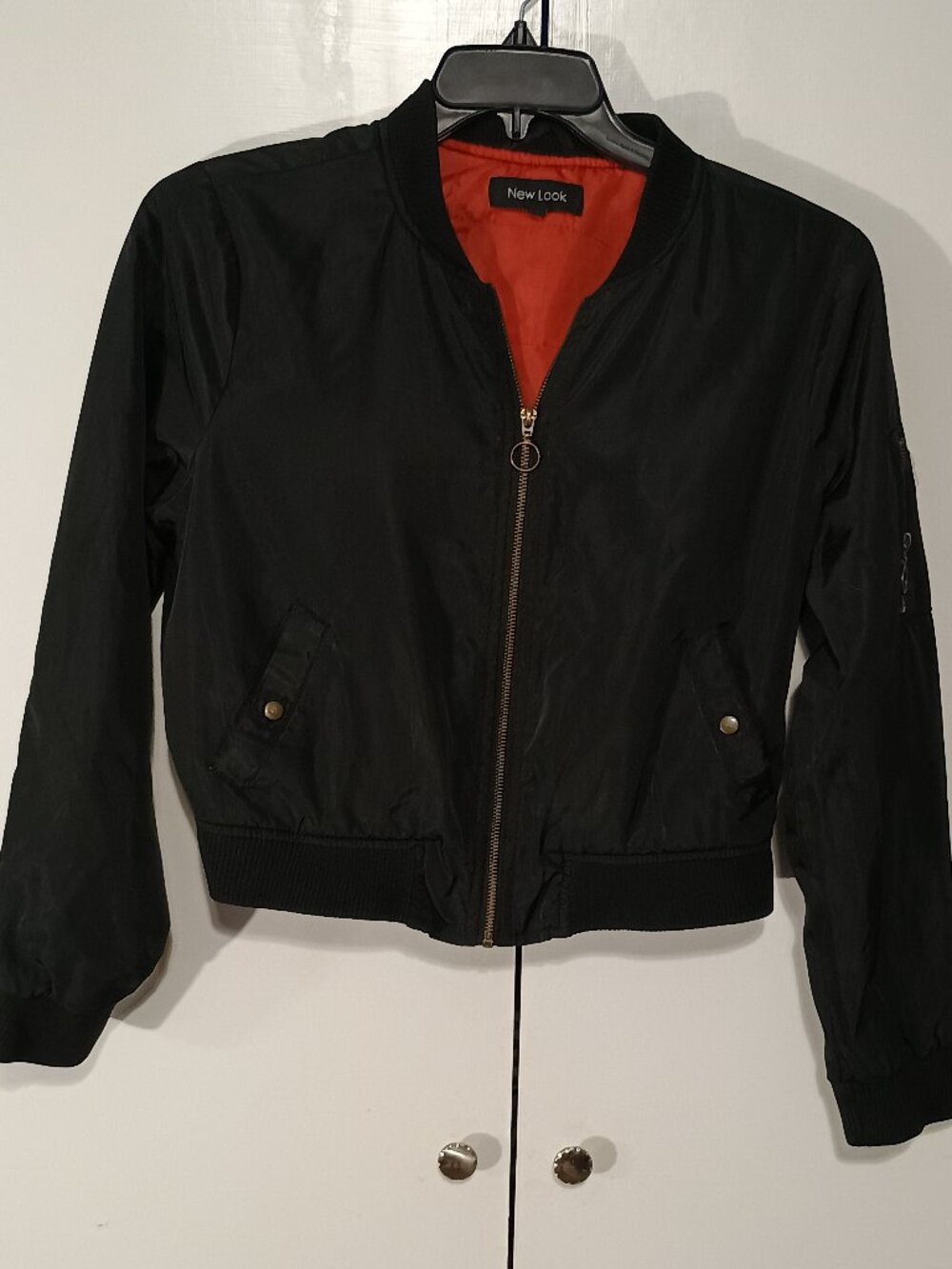 New Look Black Bomber Jacket Red Lining Zip Front Lightweight Utility Coat - Picture 2 of 10